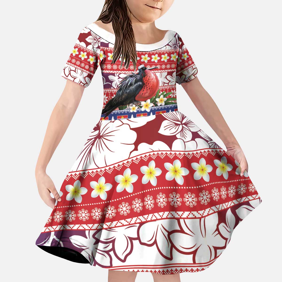 Kiribati Christmas Kid Short Sleeve Dress Frigatebird Santa Tekeraoi n te Kiritimati LT14 KID Red - Polynesian Pride