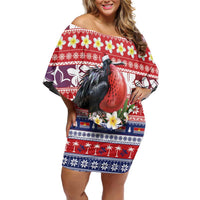 Kiribati Christmas Off Shoulder Short Dress Frigatebird Santa Tekeraoi n te Kiritimati LT14 Women Red - Polynesian Pride