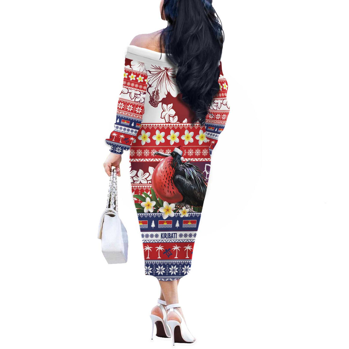 Kiribati Christmas Off The Shoulder Long Sleeve Dress Frigatebird Santa Tekeraoi n te Kiritimati LT14 - Polynesian Pride