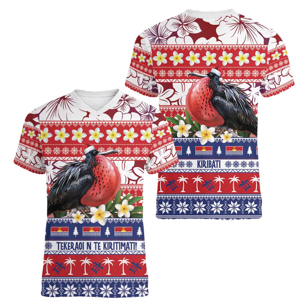 Kiribati Christmas Women V-Neck T-Shirt Frigatebird Santa Tekeraoi n te Kiritimati LT14 - Polynesian Pride