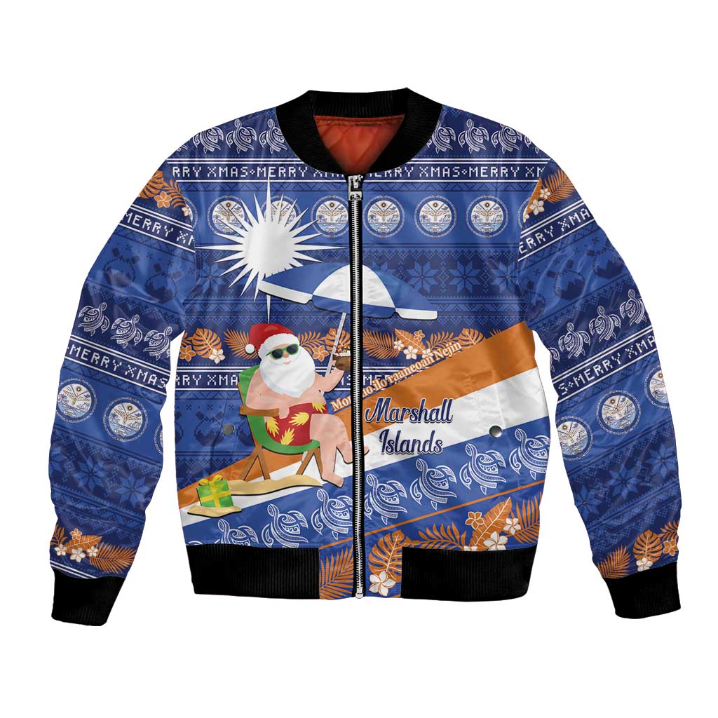 Marshall Islands Christmas Bomber Jacket Beachy Santa Monono ilo raaneoan Nejin LT14 Unisex Blue - Polynesian Pride