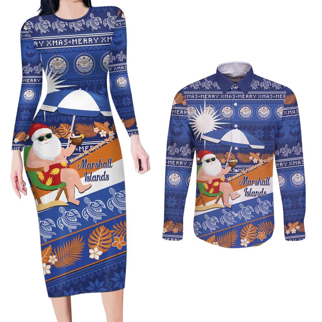 Marshall Islands Christmas Couples Matching Long Sleeve Bodycon Dress and Long Sleeve Button Shirt Beachy Santa Monono ilo raaneoan Nejin LT14 Blue - Polynesian Pride