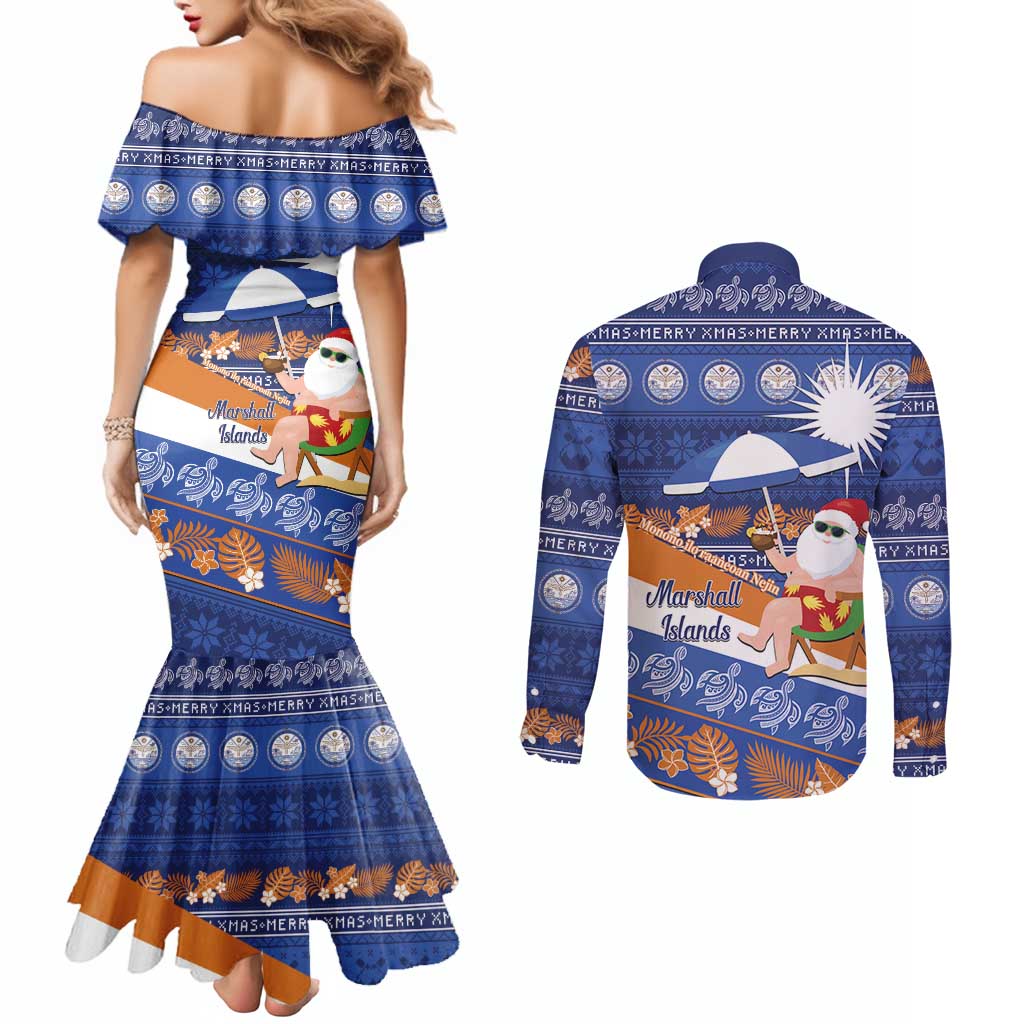 Marshall Islands Christmas Couples Matching Mermaid Dress and Long Sleeve Button Shirt Beachy Santa Monono ilo raaneoan Nejin LT14 - Polynesian Pride