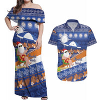 Marshall Islands Christmas Couples Matching Off Shoulder Maxi Dress and Hawaiian Shirt Beachy Santa Monono ilo raaneoan Nejin LT14 Blue - Polynesian Pride