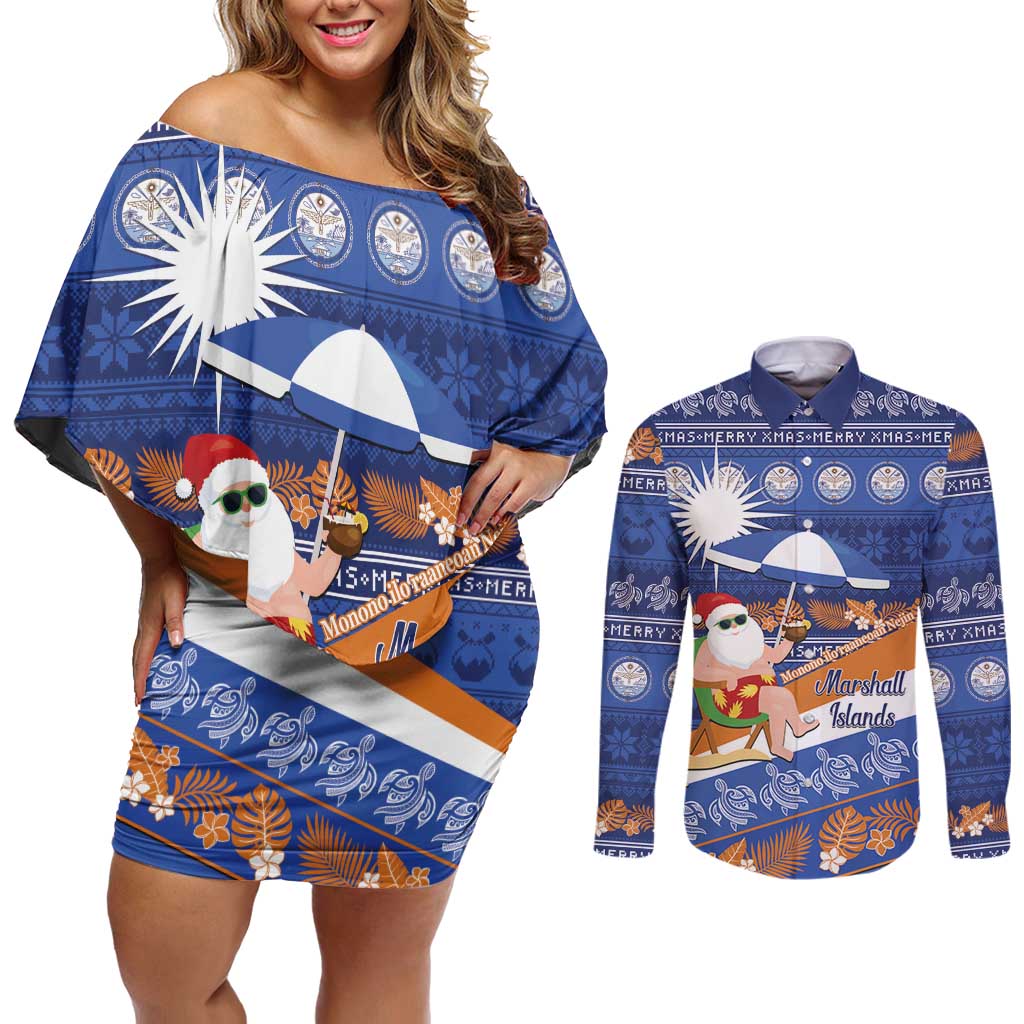 Marshall Islands Christmas Couples Matching Off Shoulder Short Dress and Long Sleeve Button Shirt Beachy Santa Monono ilo raaneoan Nejin LT14 Blue - Polynesian Pride