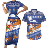 Marshall Islands Christmas Couples Matching Short Sleeve Bodycon Dress and Hawaiian Shirt Beachy Santa Monono ilo raaneoan Nejin LT14 Blue - Polynesian Pride