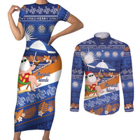 Marshall Islands Christmas Couples Matching Short Sleeve Bodycon Dress and Long Sleeve Button Shirt Beachy Santa Monono ilo raaneoan Nejin LT14 Blue - Polynesian Pride