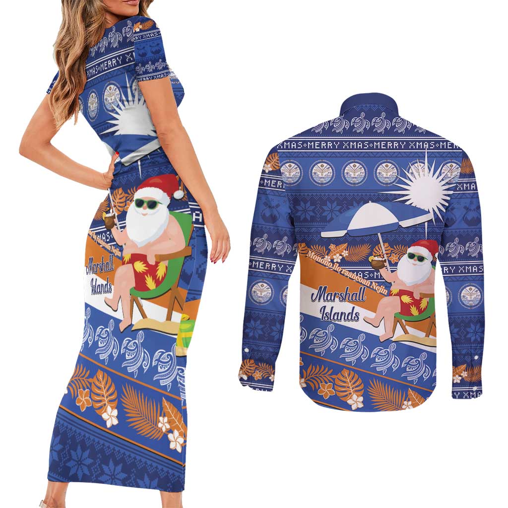 Marshall Islands Christmas Couples Matching Short Sleeve Bodycon Dress and Long Sleeve Button Shirt Beachy Santa Monono ilo raaneoan Nejin LT14 - Polynesian Pride