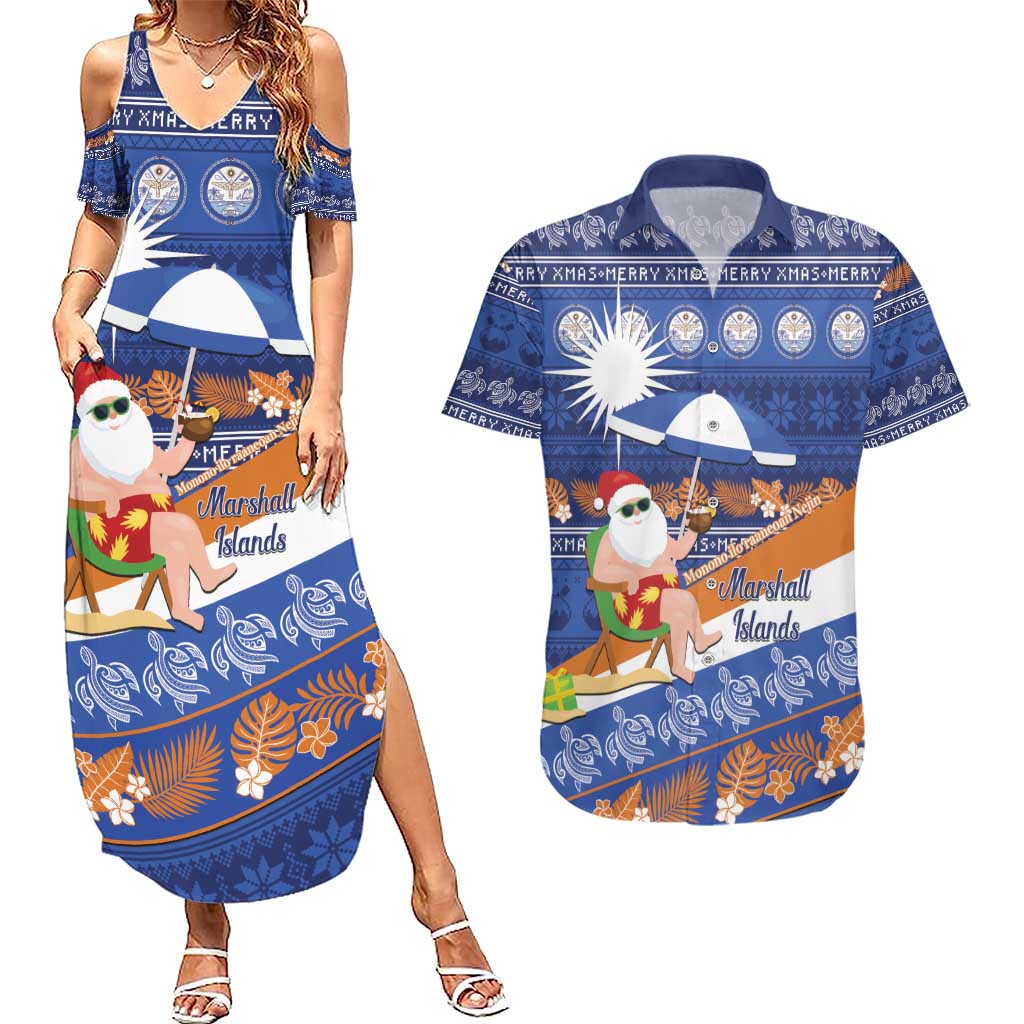 Marshall Islands Christmas Couples Matching Summer Maxi Dress and Hawaiian Shirt Beachy Santa Monono ilo raaneoan Nejin LT14 Blue - Polynesian Pride