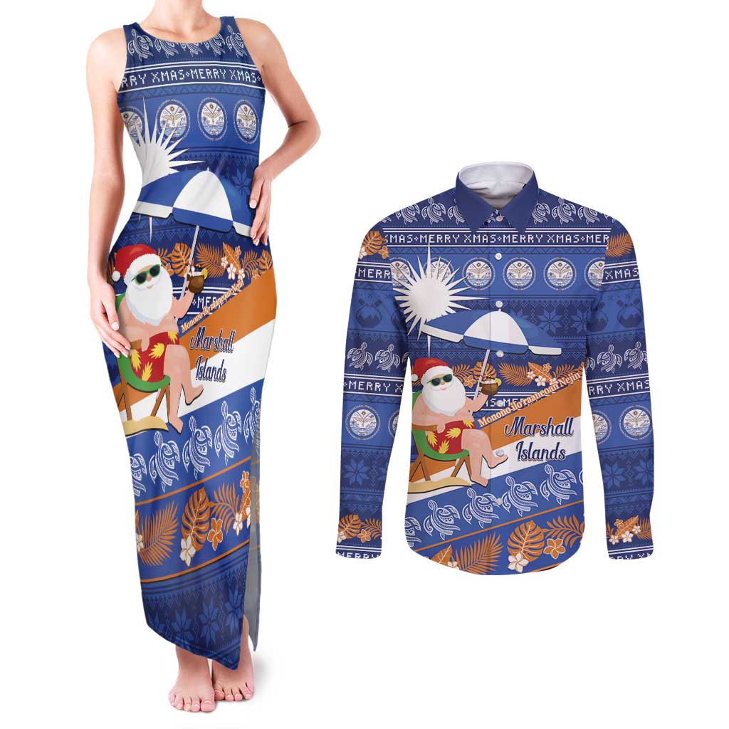 Marshall Islands Christmas Couples Matching Tank Maxi Dress and Long Sleeve Button Shirt Beachy Santa Monono ilo raaneoan Nejin LT14 Blue - Polynesian Pride