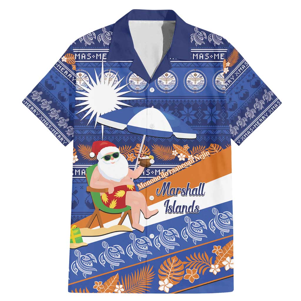 Marshall Islands Christmas Family Matching Mermaid Dress and Hawaiian Shirt Beachy Santa Monono ilo raaneoan Nejin LT14 Dad's Shirt - Short Sleeve Blue - Polynesian Pride