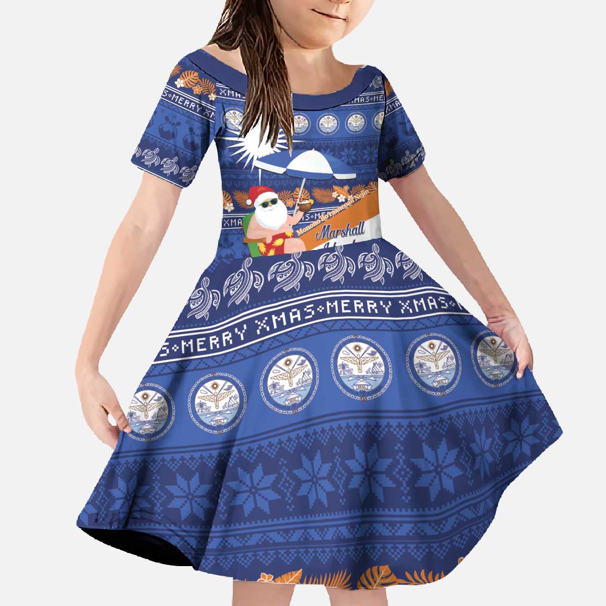 Marshall Islands Christmas Family Matching Off The Shoulder Long Sleeve Dress and Hawaiian Shirt Beachy Santa Monono ilo raaneoan Nejin LT14 Daughter's Dress Blue - Polynesian Pride