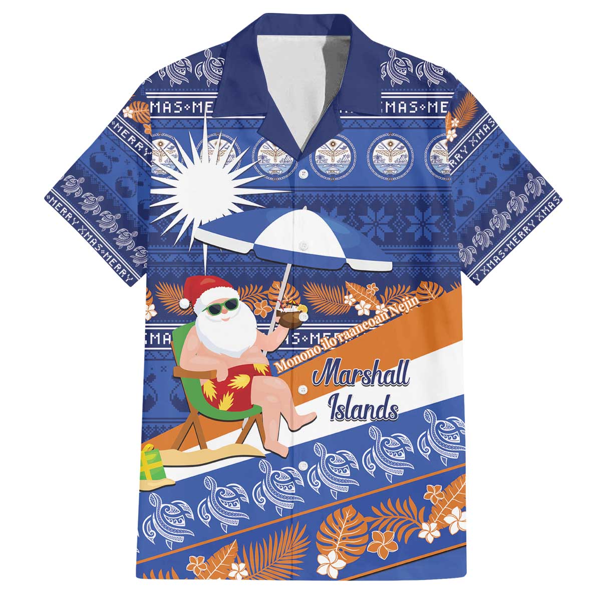 Marshall Islands Christmas Family Matching Off The Shoulder Long Sleeve Dress and Hawaiian Shirt Beachy Santa Monono ilo raaneoan Nejin LT14 Dad's Shirt - Short Sleeve Blue - Polynesian Pride