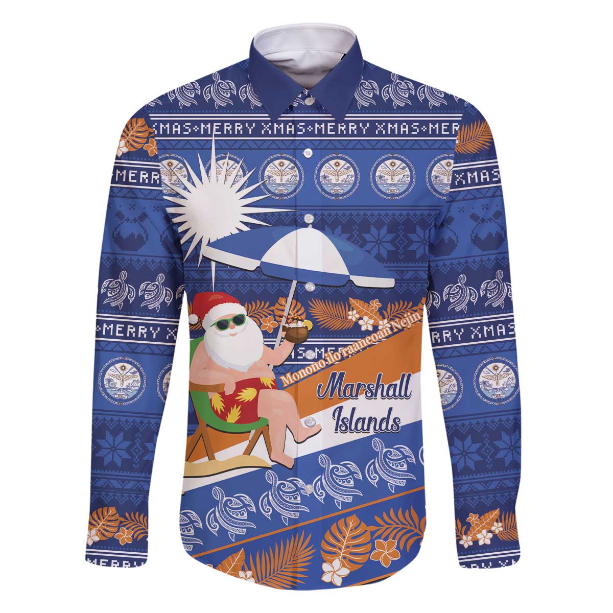Marshall Islands Christmas Family Matching Off The Shoulder Long Sleeve Dress and Hawaiian Shirt Beachy Santa Monono ilo raaneoan Nejin LT14 Dad's Shirt - Long Sleeve Blue - Polynesian Pride