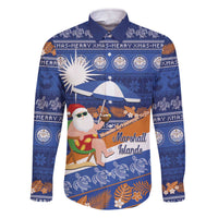Marshall Islands Christmas Family Matching Off The Shoulder Long Sleeve Dress and Hawaiian Shirt Beachy Santa Monono ilo raaneoan Nejin LT14 Dad's Shirt - Long Sleeve Blue - Polynesian Pride