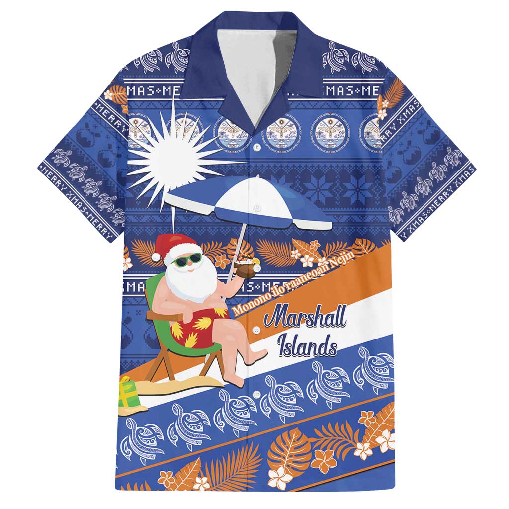 Marshall Islands Christmas Family Matching Off Shoulder Maxi Dress and Hawaiian Shirt Beachy Santa Monono ilo raaneoan Nejin LT14 Dad's Shirt - Short Sleeve Blue - Polynesian Pride