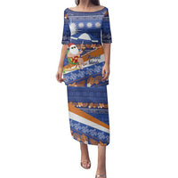 Marshall Islands Christmas Family Matching Puletasi and Hawaiian Shirt Beachy Santa Monono ilo raaneoan Nejin LT14 Mom's Dress Blue - Polynesian Pride