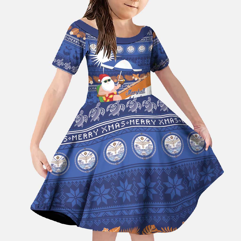 Marshall Islands Christmas Family Matching Short Sleeve Bodycon Dress and Hawaiian Shirt Beachy Santa Monono ilo raaneoan Nejin LT14 Daughter's Dress Blue - Polynesian Pride