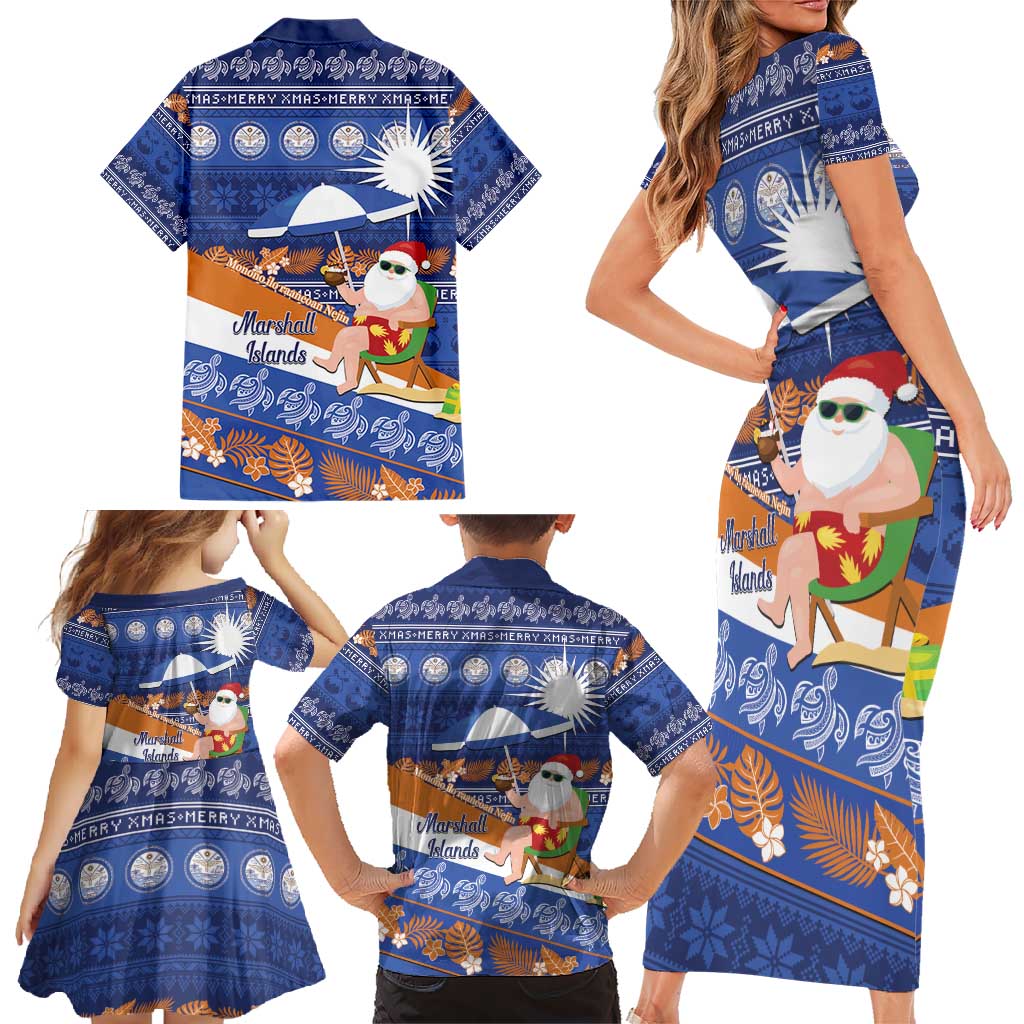 Marshall Islands Christmas Family Matching Short Sleeve Bodycon Dress and Hawaiian Shirt Beachy Santa Monono ilo raaneoan Nejin LT14 - Polynesian Pride