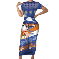 Marshall Islands Christmas Family Matching Short Sleeve Bodycon Dress and Hawaiian Shirt Beachy Santa Monono ilo raaneoan Nejin LT14 Mom's Dress Blue - Polynesian Pride