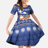 Marshall Islands Christmas Family Matching Tank Maxi Dress and Hawaiian Shirt Beachy Santa Monono ilo raaneoan Nejin LT14 Daughter's Dress Blue - Polynesian Pride