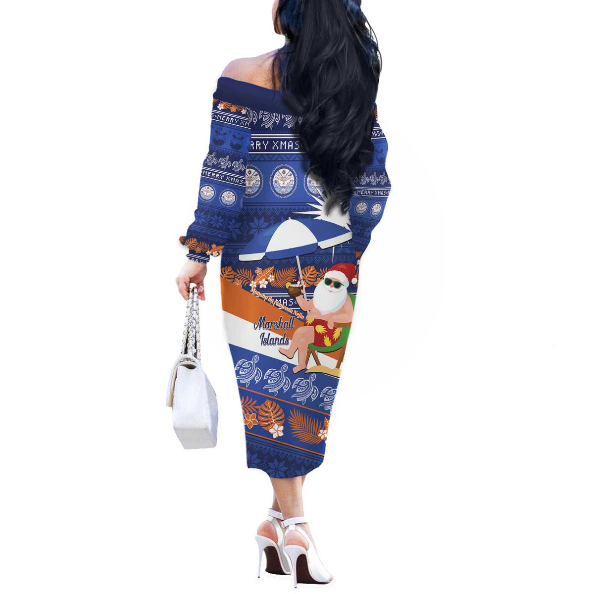 Marshall Islands Christmas Off The Shoulder Long Sleeve Dress Beachy Santa Monono ilo raaneoan Nejin LT14 - Polynesian Pride