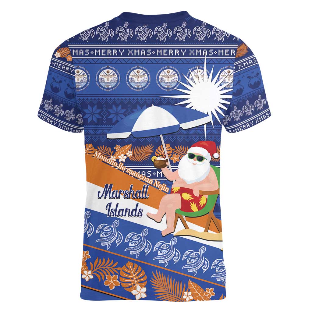 Marshall Islands Christmas Women V-Neck T-Shirt Beachy Santa Monono ilo raaneoan Nejin LT14 - Polynesian Pride