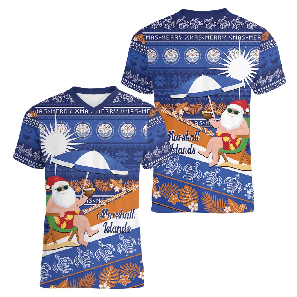 Marshall Islands Christmas Women V-Neck T-Shirt Beachy Santa Monono ilo raaneoan Nejin LT14 - Polynesian Pride