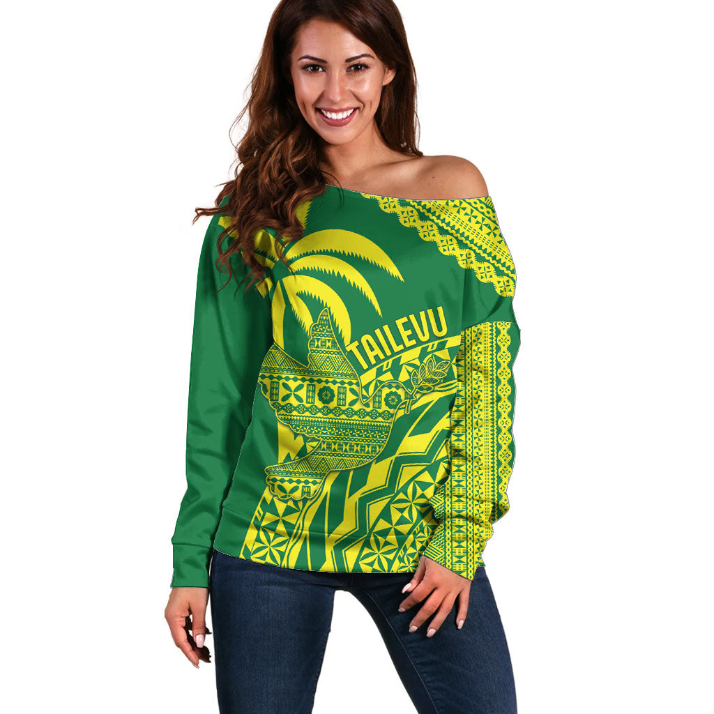 Tailevu Fiji 2026 Rugby Custom Off Shoulder Sweater Dove Nation Fijian Tapa Pattern LT14 Women Green - Polynesian Pride