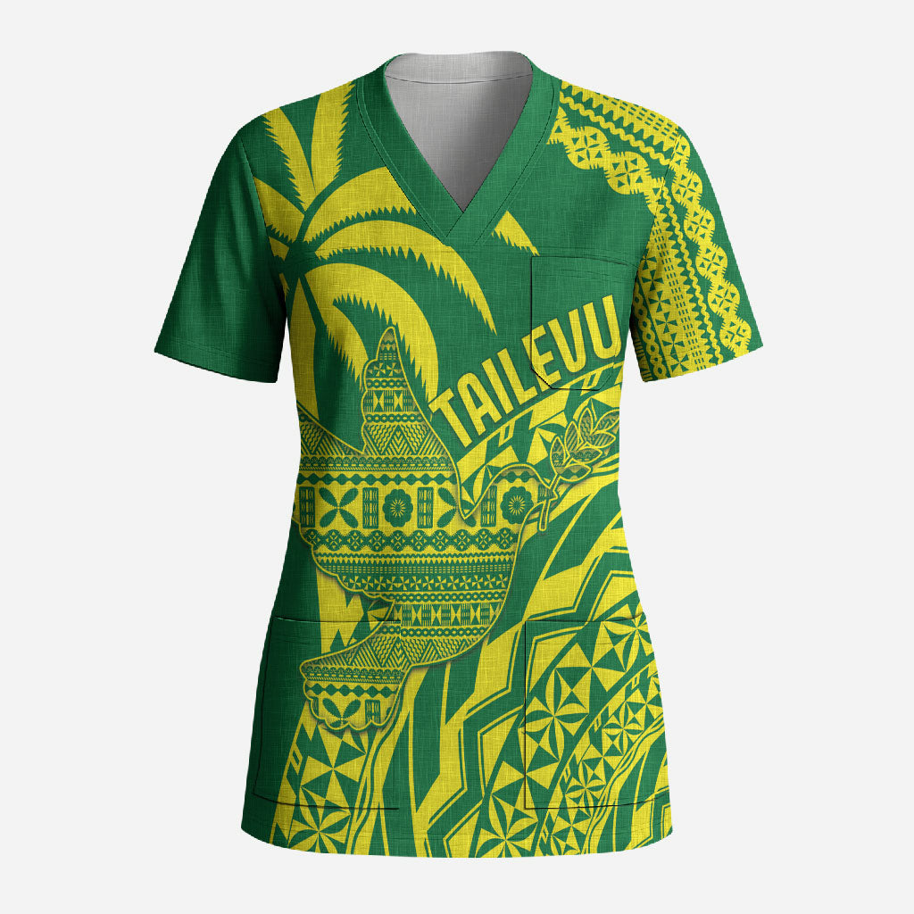 Tailevu Fiji 2026 Rugby Custom Scrub Top Dove Nation Fijian Tapa Pattern LT14 Adult Green - Polynesian Pride
