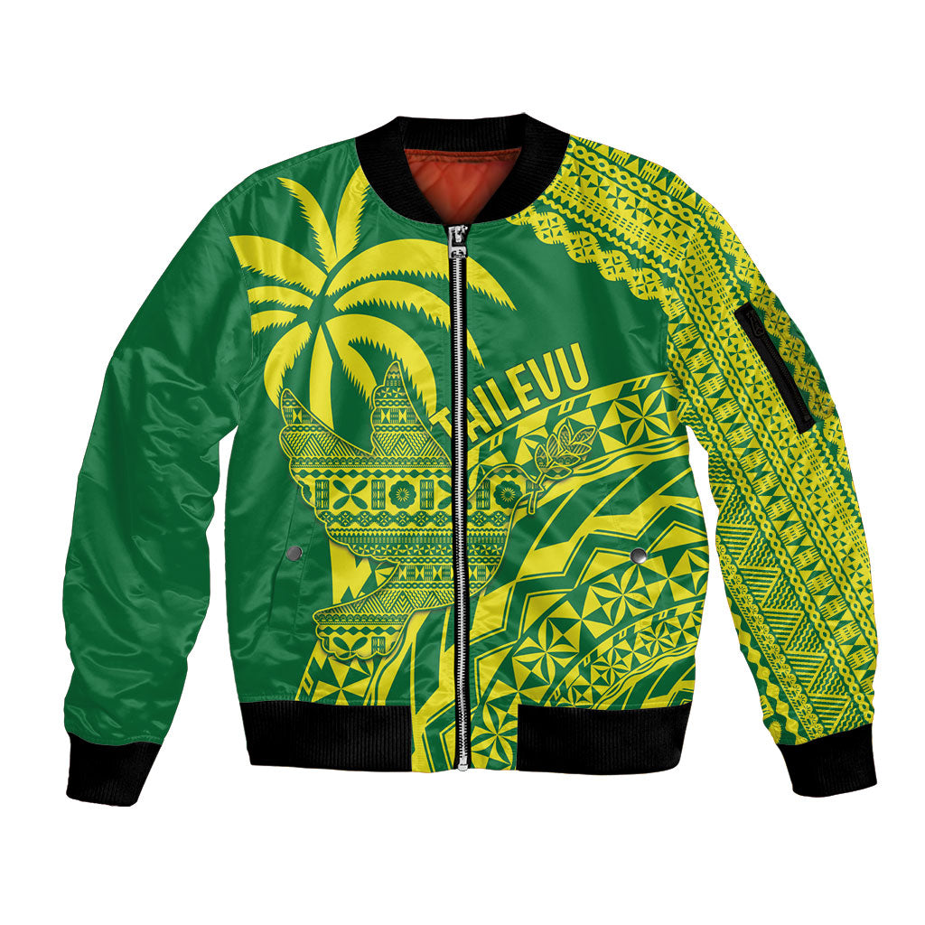 Tailevu Fiji 2026 Rugby Custom Sleeve Zip Bomber Jacket Dove Nation Fijian Tapa Pattern LT14 Unisex Green - Polynesian Pride
