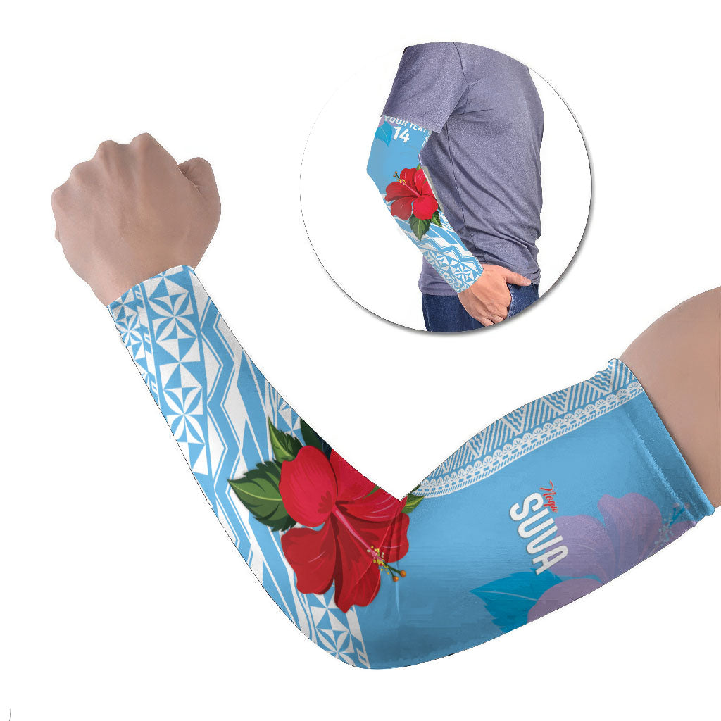 Suva Fiji 2026 Rugby Custom Arm Sleeves Hibiscus Fijian Tapa Pattern LT14 Set of 2 Blue - Polynesian Pride