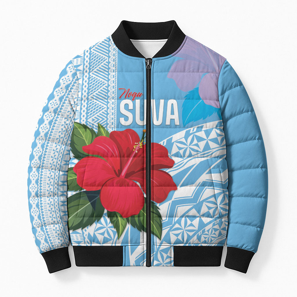 Suva Fiji 2026 Rugby Custom Bomber Puffer Jacket Hibiscus Fijian Tapa Pattern LT14 Unisex Blue - Polynesian Pride