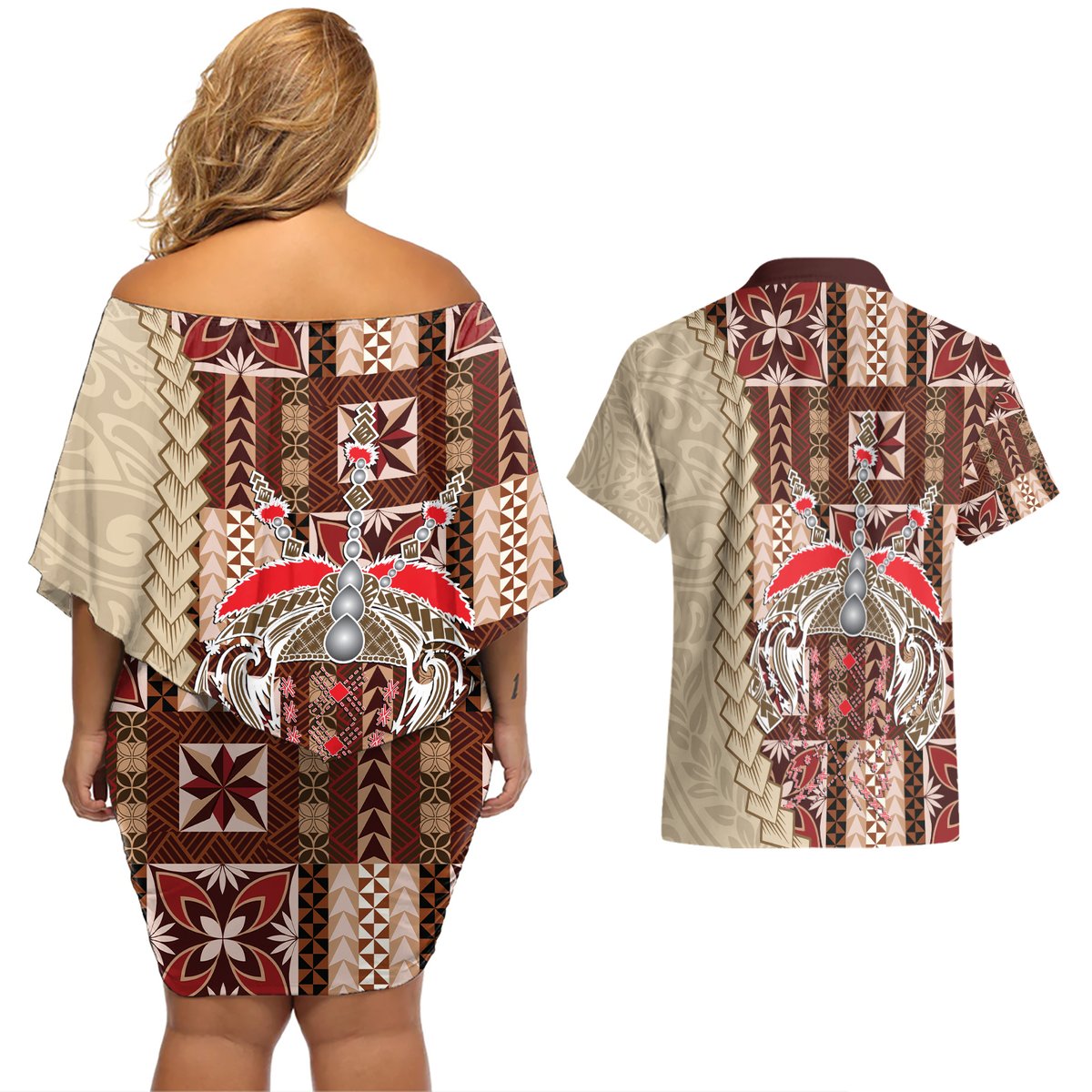 Samoa Tapau Couples Matching Off Shoulder Short Dress and Hawaiian Shirt Samoan Siapo Pattern LT14 - Polynesian Pride