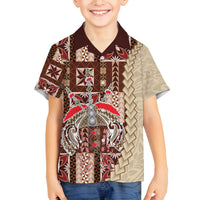 Samoa Tapau Family Matching Off Shoulder Long Sleeve Dress and Hawaiian Shirt Samoan Siapo Pattern LT14 Son's Shirt Brown - Polynesian Pride
