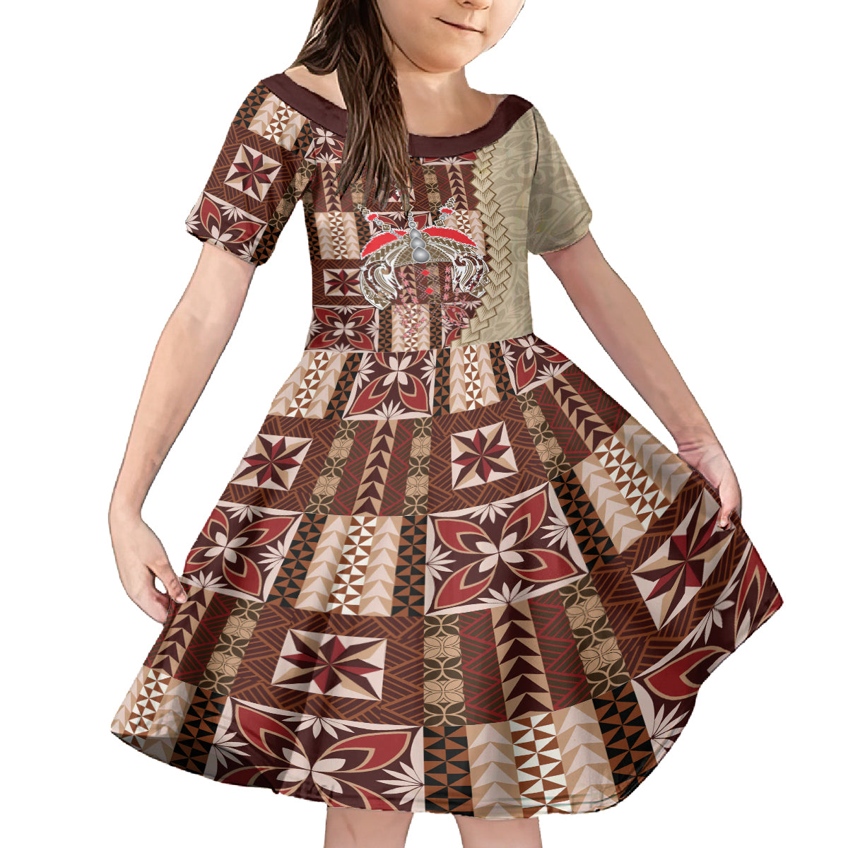 Samoa Tapau Family Matching Off Shoulder Maxi Dress and Hawaiian Shirt Samoan Siapo Pattern LT14 Daughter's Dress Brown - Polynesian Pride