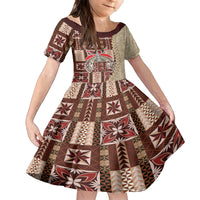 Samoa Tapau Family Matching Off Shoulder Maxi Dress and Hawaiian Shirt Samoan Siapo Pattern LT14 Daughter's Dress Brown - Polynesian Pride