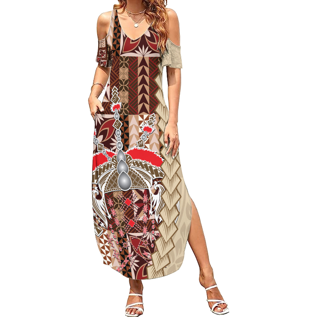 Samoa Tapau Family Matching Summer Maxi Dress and Hawaiian Shirt Samoan Siapo Pattern LT14 Mom's Dress Brown - Polynesian Pride