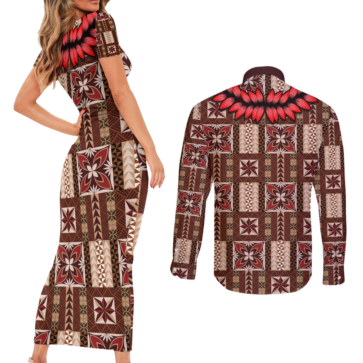 Samoa Siapo Couples Matching Short Sleeve Bodycon Dress and Long Sleeve Button Shirt Tapa Pattern Mix Ula Fala Hibiscus LT14 - Polynesian Pride