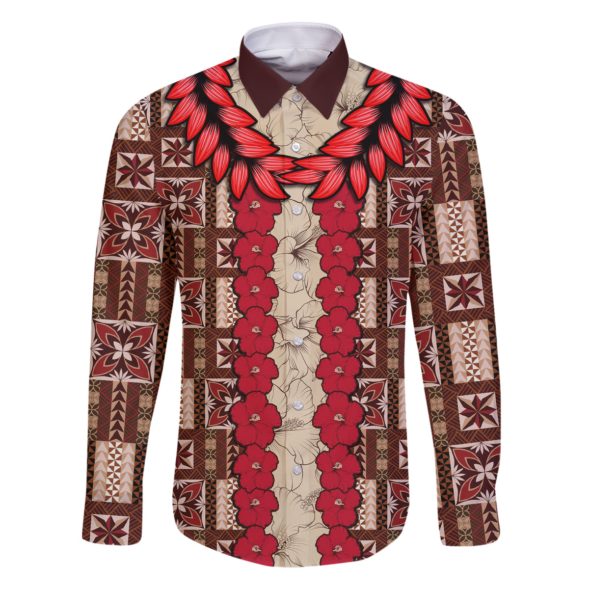 Samoa Siapo Family Matching Long Sleeve Bodycon Dress and Hawaiian Shirt Tapa Pattern Mix Ula Fala Hibiscus LT14 Dad's Shirt - Long Sleeve Brown - Polynesian Pride