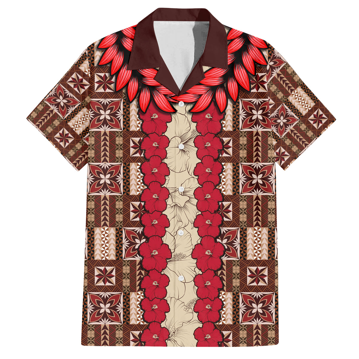 Samoa Siapo Family Matching Off Shoulder Maxi Dress and Hawaiian Shirt Tapa Pattern Mix Ula Fala Hibiscus LT14 Dad's Shirt - Short Sleeve Brown - Polynesian Pride