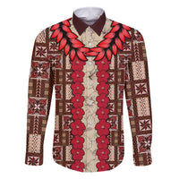Samoa Siapo Family Matching Off Shoulder Short Dress and Hawaiian Shirt Tapa Pattern Mix Ula Fala Hibiscus LT14 Dad's Shirt - Long Sleeve Brown - Polynesian Pride