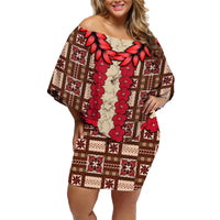 Samoa Siapo Family Matching Off Shoulder Short Dress and Hawaiian Shirt Tapa Pattern Mix Ula Fala Hibiscus LT14 Mom's Dress Brown - Polynesian Pride