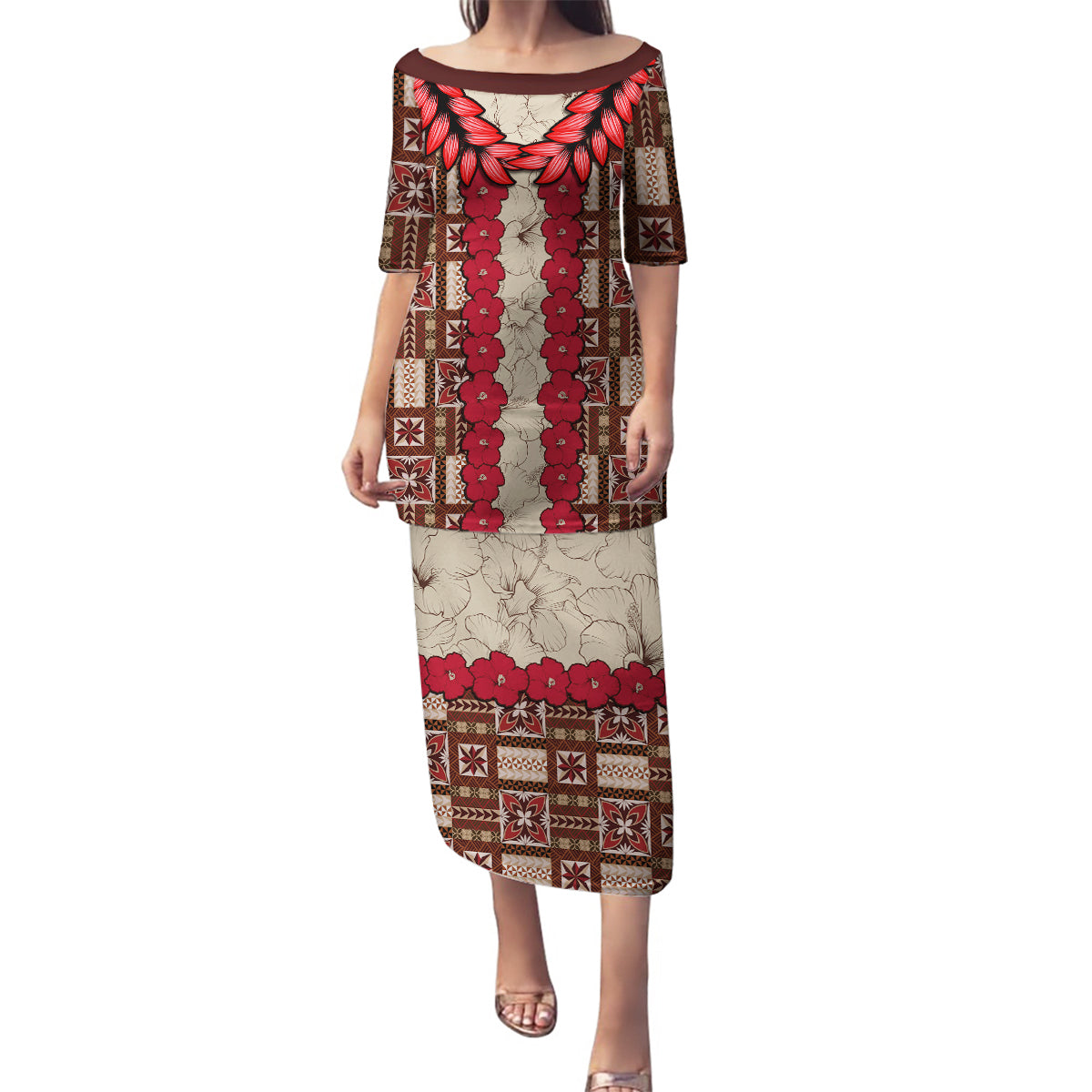 Samoa Siapo Family Matching Puletasi Dress and Hawaiian Shirt Tapa Pattern Mix Ula Fala Hibiscus LT14 Mom's Dress Brown - Polynesian Pride