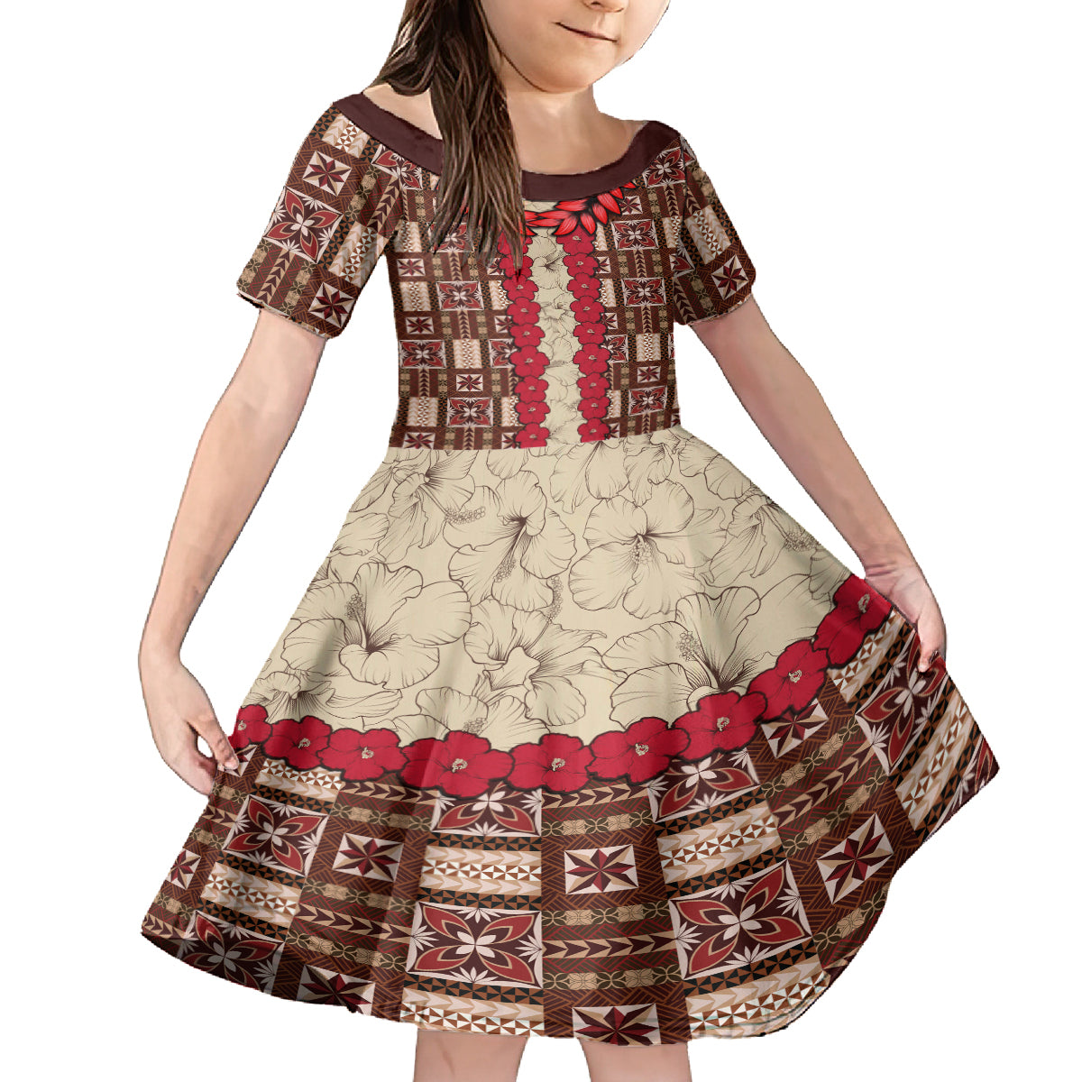Samoa Siapo Family Matching Tank Maxi Dress and Hawaiian Shirt Tapa Pattern Mix Ula Fala Hibiscus LT14 Daughter's Dress Brown - Polynesian Pride