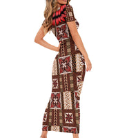 Samoa Siapo Short Sleeve Bodycon Dress Tapa Pattern Mix Ula Fala Hibiscus LT14 - Polynesian Pride