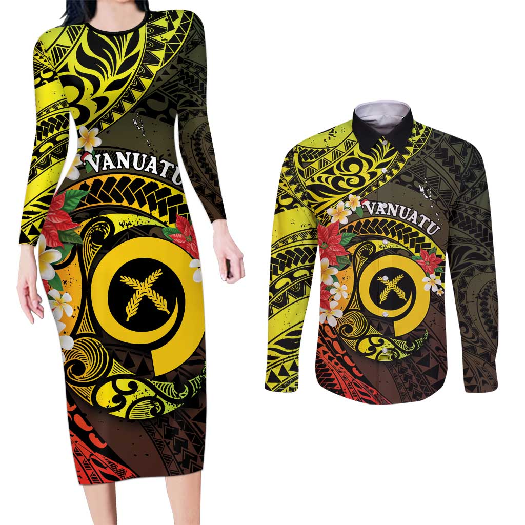 Vanuatu Christmas Couples Matching Long Sleeve Bodycon Dress and Long Sleeve Button Shirt Vanuatuan Pig Tusk - Meri Krismas! LT14 Black - Polynesian Pride