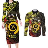 Vanuatu Christmas Couples Matching Long Sleeve Bodycon Dress and Long Sleeve Button Shirt Vanuatuan Pig Tusk - Meri Krismas! LT14 Black - Polynesian Pride