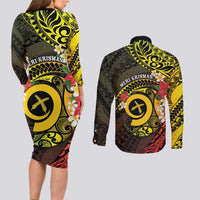 Vanuatu Christmas Couples Matching Long Sleeve Bodycon Dress and Long Sleeve Button Shirt Vanuatuan Pig Tusk - Meri Krismas! LT14 - Polynesian Pride