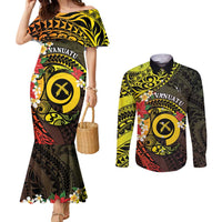 Vanuatu Christmas Couples Matching Mermaid Dress and Long Sleeve Button Shirt Vanuatuan Pig Tusk - Meri Krismas! LT14 Black - Polynesian Pride
